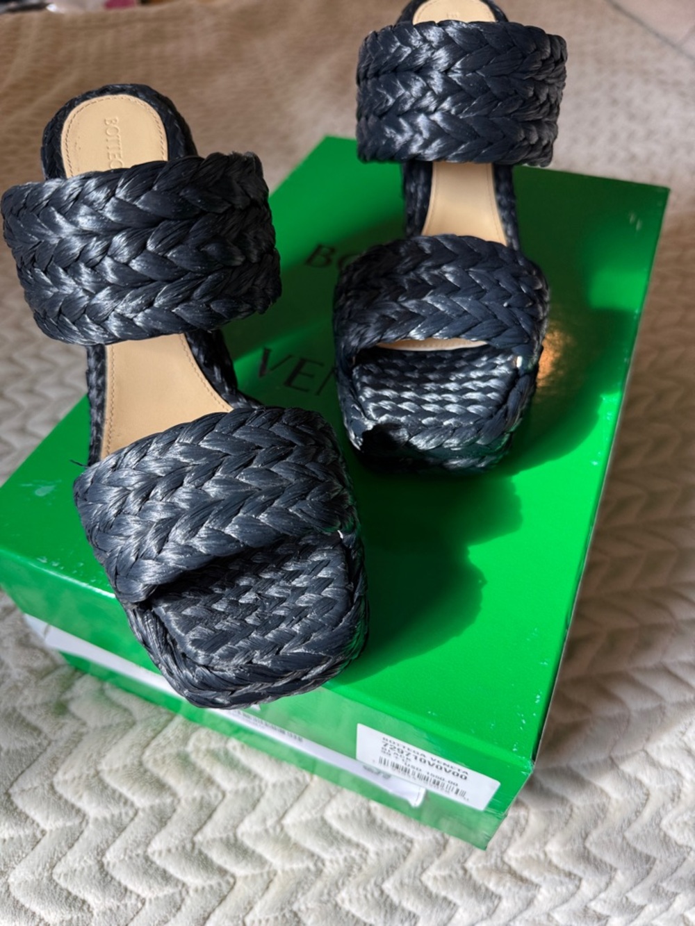 💫✨ Bottega Veneta Black Braided Raffia Double-Strap Platform Sandals NWT size 39